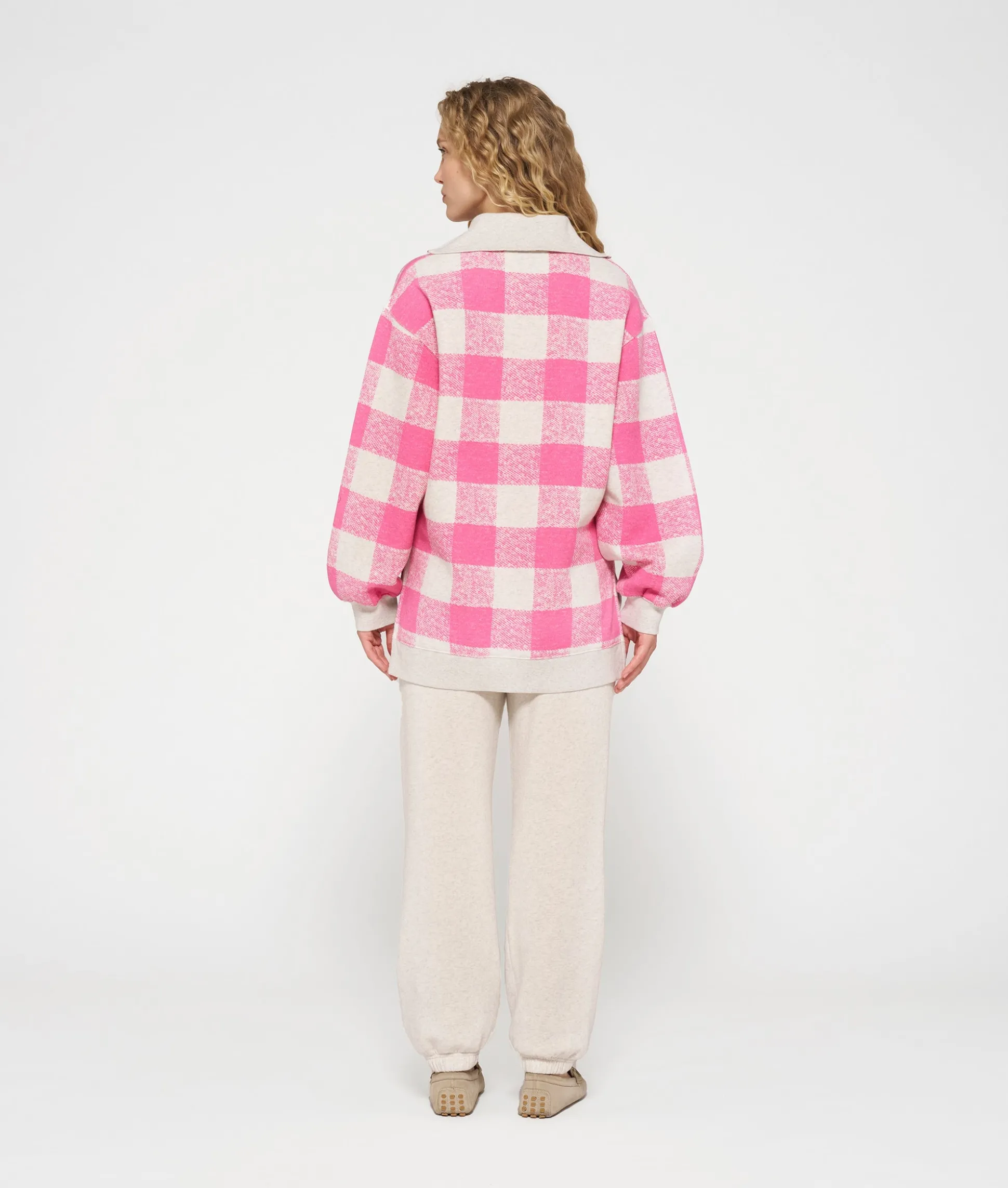high neck zip sweater check